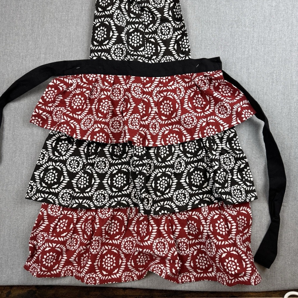 NWT Contempt‎ Apron Ruffles Country tie Black Maroon and white - Picture 2 of 10